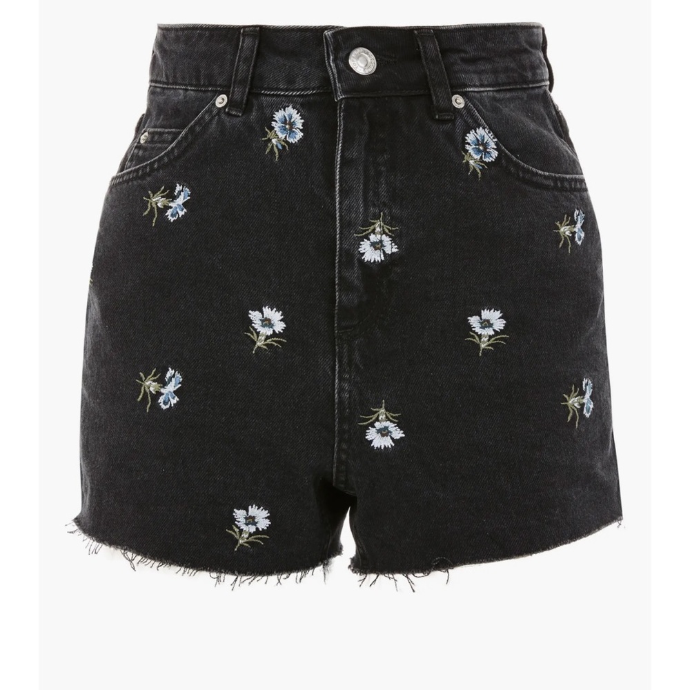 Topshop floral embroidered mom shorts high rise frayed hem blue green flowers